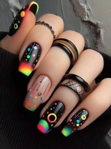 24 piezas de uñas postizas cuadradas de tamaño mediano, patrones ricos de un cielo estrellado soñador en acrílico brillante para mujeres y niñas, con pegamento y lima incluidos