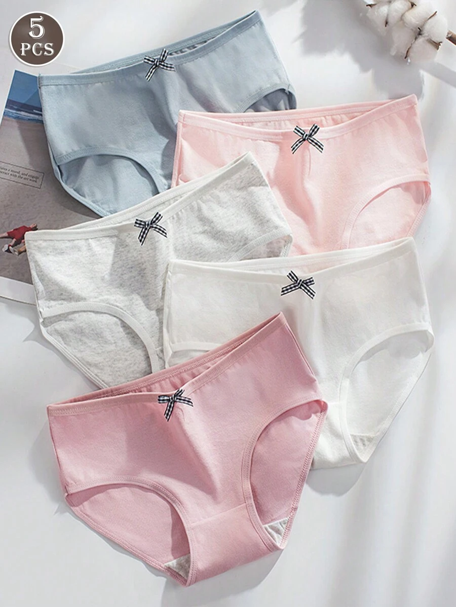 5pcs Women Panties, Bow Detail Simple Solid Colored Mid-Rise Full Coverage Triangle Underwear - Multicolor - View 1