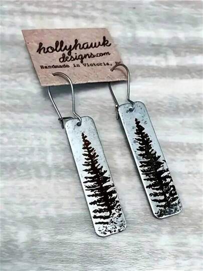 1 Pair Vintage Bohemian Style Rectangular Black Pine Tree Pattern Pendant Earrings, Suitable For Women's Daily, Party, Travel Jewelry Gift