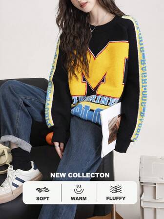 女士字母印花圆领休闲长袖套头毛衣