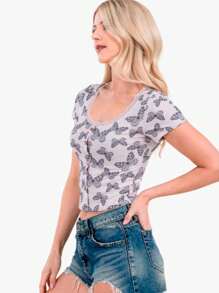 Camisetas Top De Manga Corta De Canalé Con Botones En La Parte Delantera Y Ribete De Encaje. Aestethic Girly Coquette Linda Juvenil Floral Encaje Bonita Comoda Top Corta Fresca Primavera Verano Calidad Mariposas Cerezas - mariposa - Ver 3