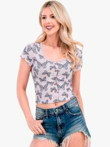Camisetas Top De Manga Corta De Canalé Con Botones En La Parte Delantera Y Ribete De Encaje. Aestethic Girly Coquette Linda Juvenil Floral Encaje Bonita Comoda Top Corta Fresca Primavera Verano Calidad Mariposas Cerezas - mariposa - Ver 2