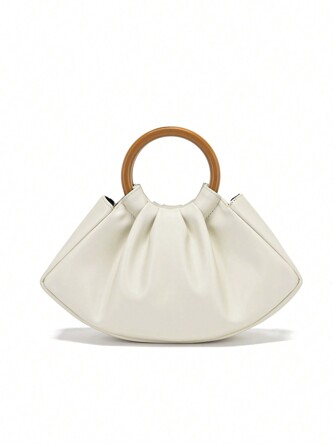 2024 New Fashion Wooden Handle Soft Fabric Cloud Tote Bag, Pleated Ins Style Versatile Women Handbag