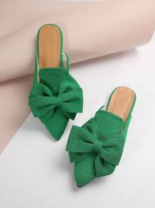 2025 秋季女士尖头蝴蝶结设计露跟穆勒一脚蹬乐福鞋，绿色优雅休闲露背平底鞋情人节 - 綠色 - 查看 8