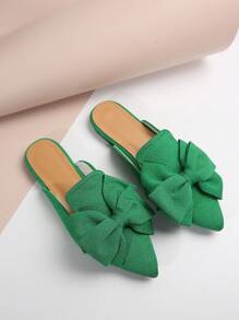 2025 秋季女士尖头蝴蝶结设计露跟穆勒一脚蹬乐福鞋，绿色优雅休闲露背平底鞋情人节 - 綠色 - 查看 7
