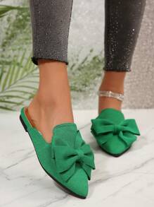 2025 秋季女士尖头蝴蝶结设计露跟穆勒一脚蹬乐福鞋，绿色优雅休闲露背平底鞋情人节 - 綠色 - 查看 5
