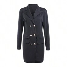 Women Formal Long Sleeve Blazer Solid Color V Neck Double Breasted Long Coats Lady Office OL Business Dresses - màu đen - Xem 5