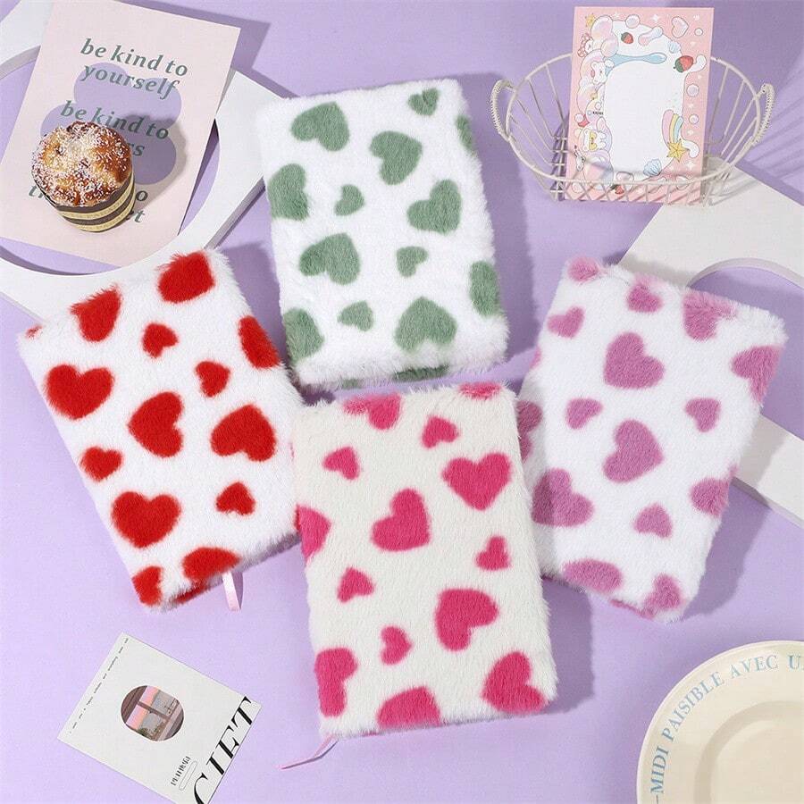 1 件心形毛绒笔记本，可爱彩色兔毛心形风格日记本，创意毛绒学生 A5 笔记本，适合情人节和新年