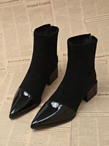 女士时尚优雅尖头粗跟靴，别致百搭拉链高跟细靴，适合派对、聚会、商务、婚礼、黑色、搭配上衣 - 黑色 - 查看 3