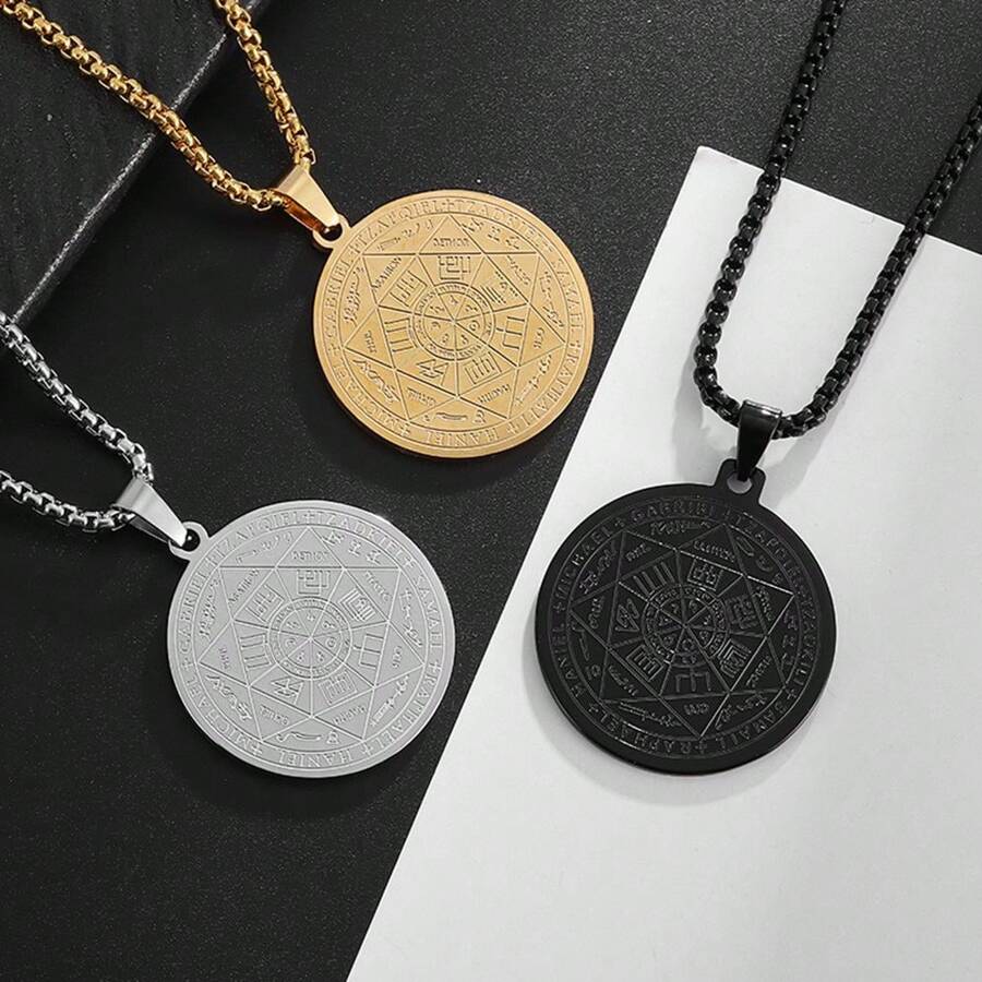 欧式流行不锈钢 7 天使印章符文吊坠，18K 镀金钛钢 7 角星圆形项链