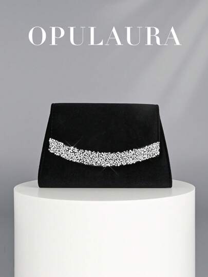 OpulAura 女士优雅秋冬奢华天鹅绒翻盖手拿包，闪亮水钻装饰简约时尚晚宴包，适合正式场合、派对/婚礼/活动、生日/圣诞节礼物，带链条