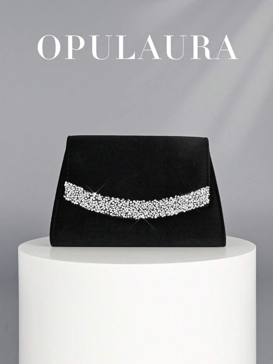 OpulAura 女士优雅秋冬奢华天鹅绒翻盖手拿包,闪亮水钻装饰简约时尚晚宴包,适合正式场合、派对/婚礼/活动、生日/圣诞节礼物,带链条 - 黑色 - 查看 1