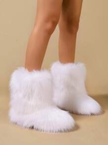 2025Women's Fluffy Long Boots, Warm And Anti-Slip Mid-Calf Boots, Fashionable Furry Snow Boots For Winter - White - View 3