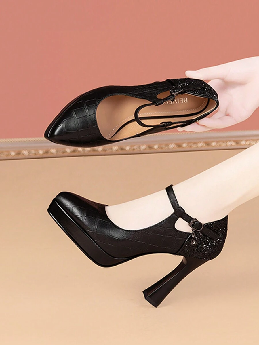 女士优雅防水厚底粗跟黑色尖头系带高跟鞋，适合度假、圣诞节和日常穿着 - 黑色 - 查看 1