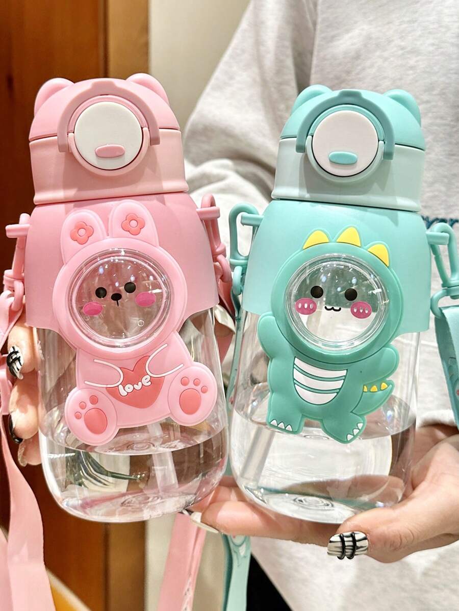 BENNY 750ml（25.36oz）3D动物水瓶-3D娃娃水瓶-便携式卡通吸管杯-弹跳带吸管杯-适合男孩和女孩的好看水杯-可爱的兔子/恐龙/宇航员设计，防漏运动水壶，带绑带和弹出式吸管
