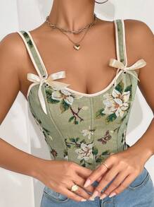 1pc Floral Print Fashionable Cami Backless Butterfly Lace-Up Cropped Corset Top, Elegant Design
