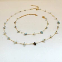 优雅冰蓝色不对称天然石女士项链和手链套装，法式乡村风格浅蓝色半透明碎石项链，防锈18K镀金不锈钢，波西米亚艺术氛围，流苏链，妇女节、情人节、母亲节的完美礼物，适合日常、派对、约会、宴会场合 - 金色 - 查看 7