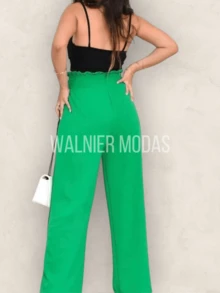 Wide Leg Pants With Lined Elastic Belt - 綠色 - 查看 1