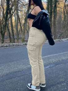 Women's Solid Color Straight Casual Multi-Pocket Cargo Pants - Màu be - Xem 3