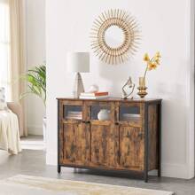 VASAGLE Sideboard, Buffet Table, Storage Cabinet With Glass Doors, Dining Room, Living Room, Hallway, Kitchen, Steel Frame, Industrial Style, Rustic Brown And Ink Black - Brown - View 5