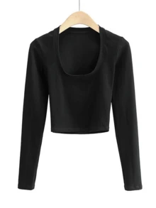 Custom Funny Women's Black Square Neckline Long Sleeve Slim Fit Base Top Custom Funny Pattern - Black - View 4