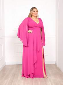 Wedding Bridesmaid Party Dress Made In Chiffon Cape Sleeve - 紫紅色 - 查看 3