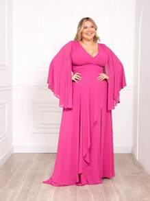 Wedding Bridesmaid Party Dress Made In Chiffon Cape Sleeve - 紫紅色 - 查看 2