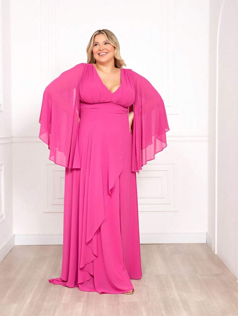 Wedding Bridesmaid Party Dress Made In Chiffon Cape Sleeve - 紫紅色 - 查看 1