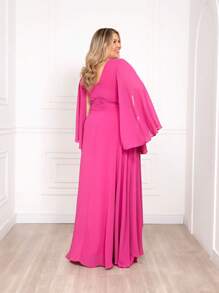 Wedding Bridesmaid Party Dress Made In Chiffon Cape Sleeve - 紫紅色 - 查看 4