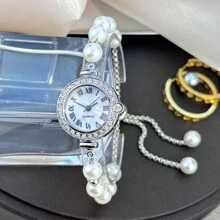 1 pieza Reloj de cuarzo elegante y exquisito de alta calidad con esfera de números romanos de diamante, correa de perla blanca para mujeres - Plateado - Ver 5