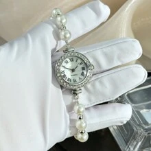 1 pieza Reloj de cuarzo elegante y exquisito de alta calidad con esfera de números romanos de diamante, correa de perla blanca para mujeres - Plateado - Ver 6