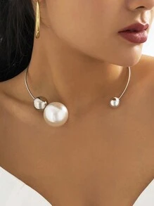 1 件装大珍珠项链，配金属项圈，Y2K 不对称几何圆珠项链，复古朋克酷女孩锁骨链，节日派对珠宝礼物 - 珍珠項圈 - 查看 3