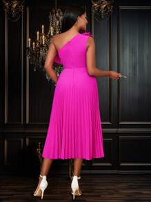 One Shoulder Frill Hem Pleated Dress - Hot Pink - View 3
