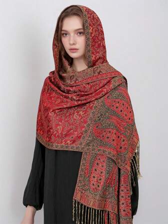 1 件女式波西米亚风格复古佩斯利花卉提花头巾，休闲秋冬防晒围巾披肩，适合日常穿着