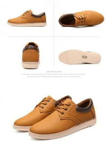 Casual de los hombres antideslizante zapatillas de deporte de color sólido, punta redonda con cordones parejas zapatos planos formales, adecuados para los viajes diarios, lugar de reunión, traje a juego, - Amarillo - Ver 2