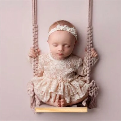 Newborn Photography Prop Wooden Swing Chair, Coffee-Color Infant Photography Accessory Baby Shower Easter Gifts Things For Girls/Boys