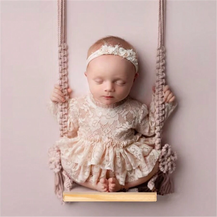 Newborn Photography Prop Wooden Swing Chair, Coffee-Color Infant Photography Accessory Baby Shower Easter Gifts Things For Girls/Boys