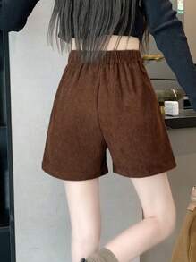 Autumn New Korean Corduroy Wide Leg Pants, Elastic Waist Casual Shorts For Women