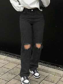 Quần jeans ống đứng rách gối phong cách giống người có sức ảnh hưởng ở Châu Âu và Châu Mỹ - màu đen - Xem 2