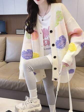 女士秋冬心形图案单排扣宽松休闲开衫