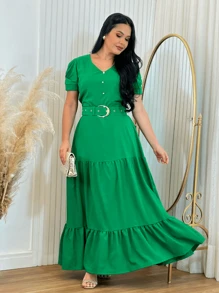 Long Loose Party Dress With V-Neck Belt - Green - View 1