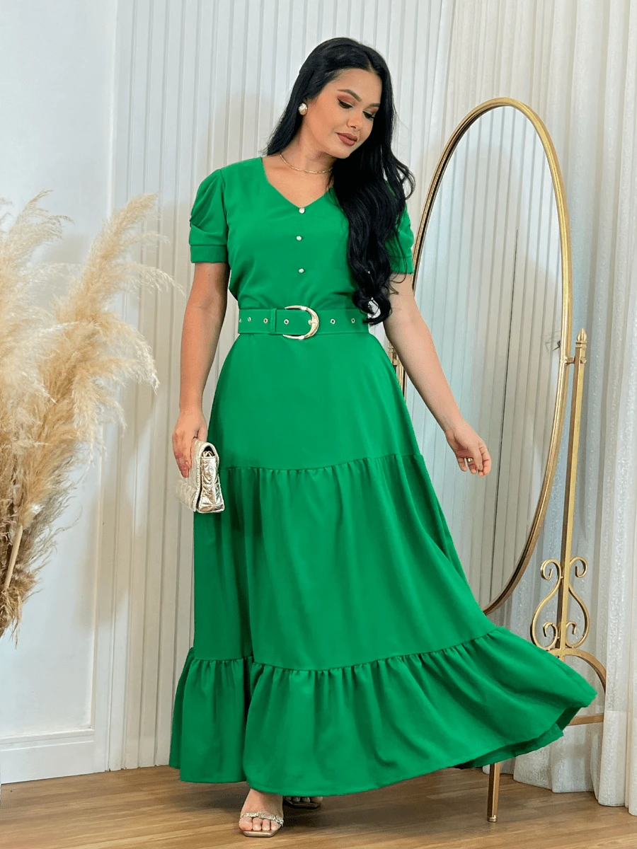 Long Loose Party Dress With V-Neck Belt - Green - View 1