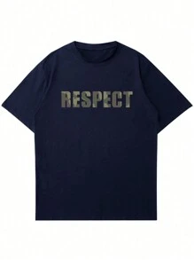 2025 Men's Casual Letter Print Round Neck Short Sleeve T-Shirt, Summer - Navy Blue - View 4