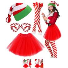 4 Stücke/Set Weihnachts-Kostüm-Accessoires für Frauen, bestehend aus Weihnachtsmann-Mütze mit Zuckerstangen, Zuckerbrillen, Tüllrock und gestreiften Socken