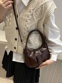 复古百搭高端女士手提包，新月包，拼布 PU 皮革半圆形小号单肩包/斜挎包 - 咖啡棕 - 查看 4