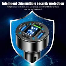 3 端口车载充电器，带 PD 充电功能，快速充电适配器兼容 iPhone、Android 手机，LED 电压显示，智能电流分配，过流和过压保护 - 黑色 - 查看 7