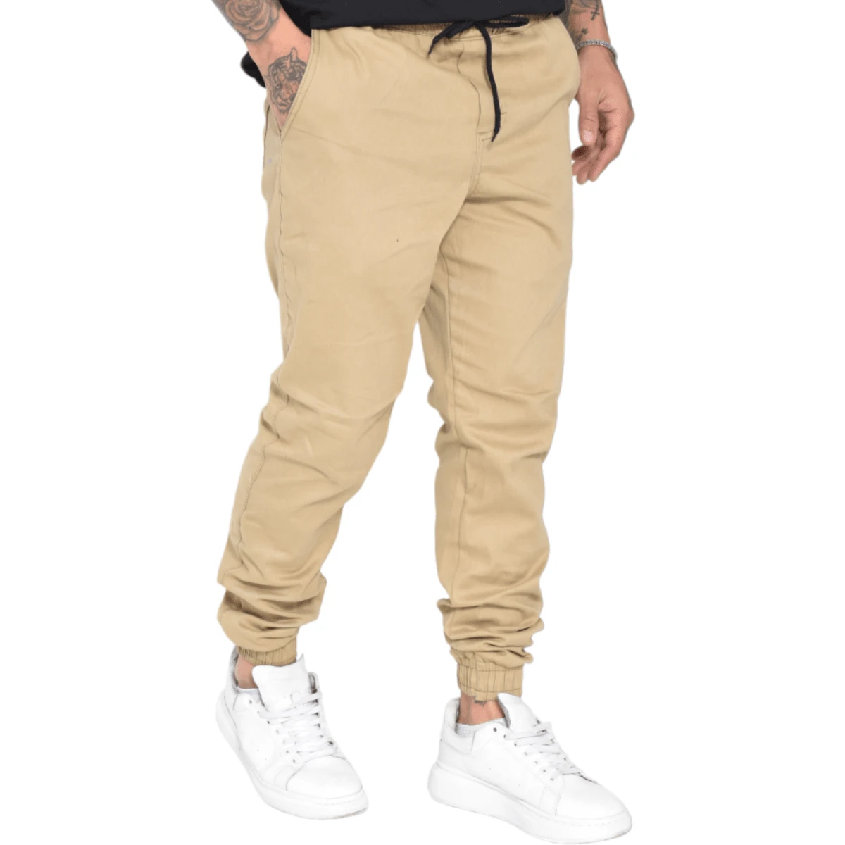 Men's White Skinny Twill Jogger Pants With Calf Cuff And Drawstring - 米色 - 查看 1