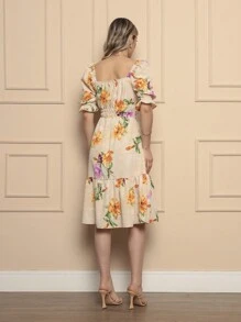 Women's Midi Dress | Crepe With Elastec L Polka Dots L Off The Shoulder. - Apricot - View 3