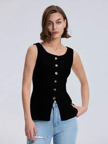Plain Wide Strap Front Button Knitted Vest, Casual Everyday Wear