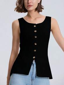 Plain Wide Strap Front Button Knitted Vest, Casual Everyday Wear